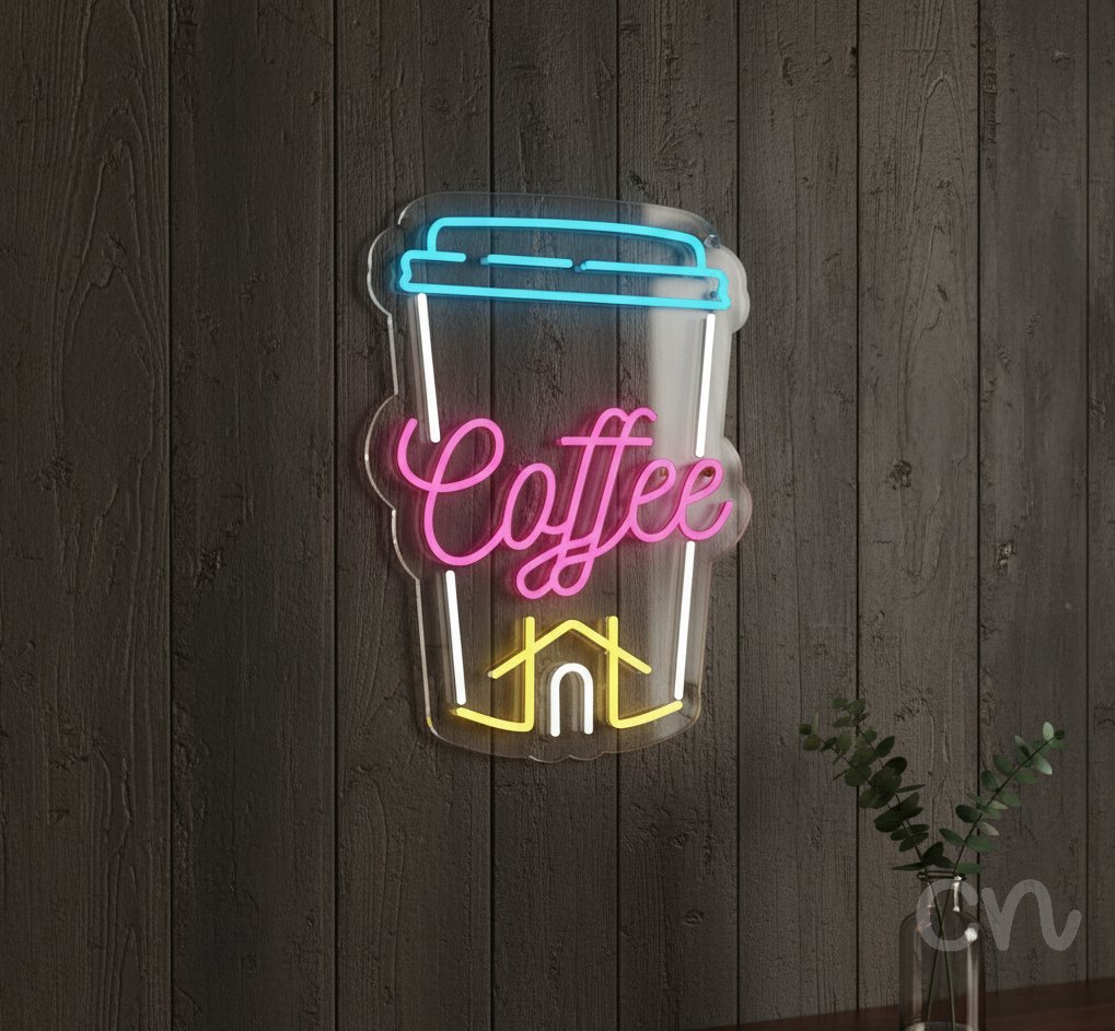 Custom Neon | Coffee Neon Sign | 22x16 | Hot Pink, Ice Blue, Bright Yellow
