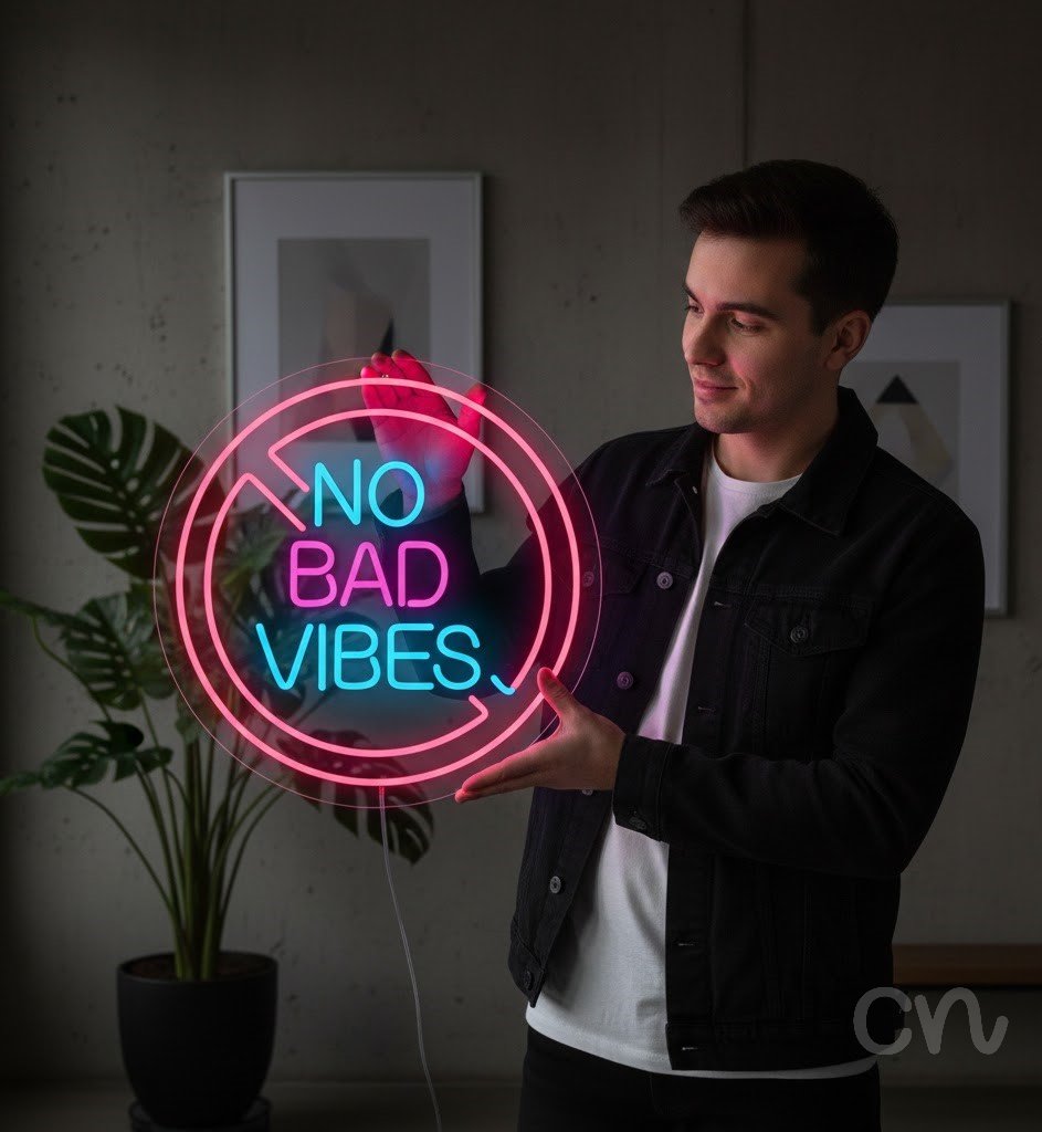 Custom Neon | No Bad Vibes Neon Sign | 20x20 | Blue Hot Pink Neon Sign