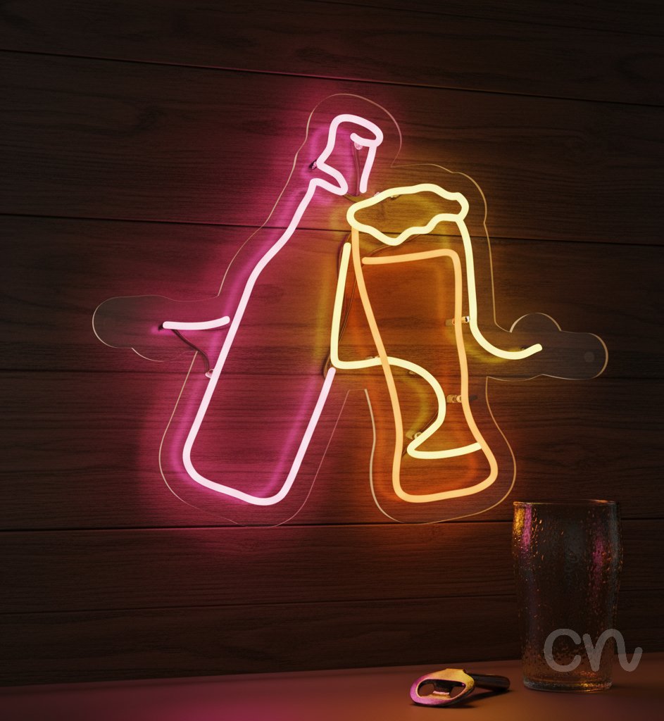 Custom Neon | Bottle and Glass Neon Sign | 20x24 | Pink, Yellow, Orange