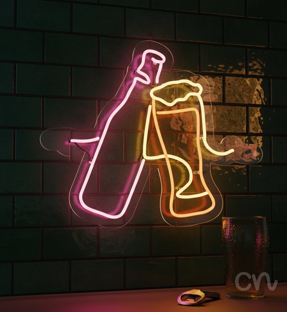 Custom Neon | Bottle and Glass Neon Sign | 20x24 | Pink, Yellow, Orange 2