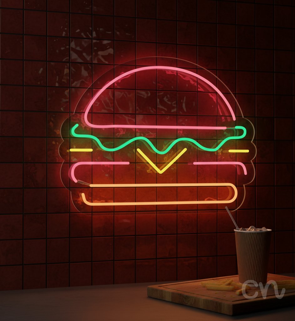 Custom Neon | Burger Neon Sign | 19x24 | Pink Green Yellow Orange Bright Lighting