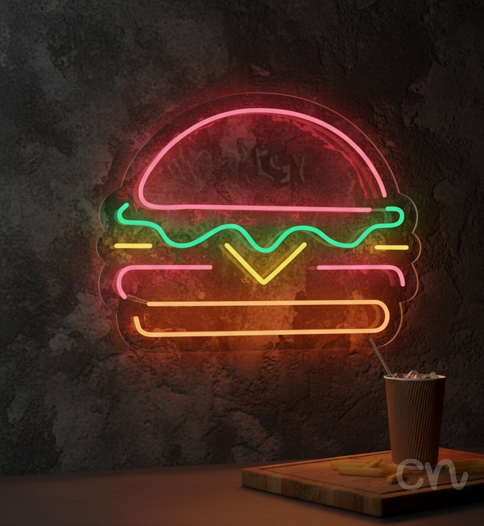 Custom Neon | Burger Neon Sign | 19x24 | Pink Green Yellow Orange Bright Lighting 2