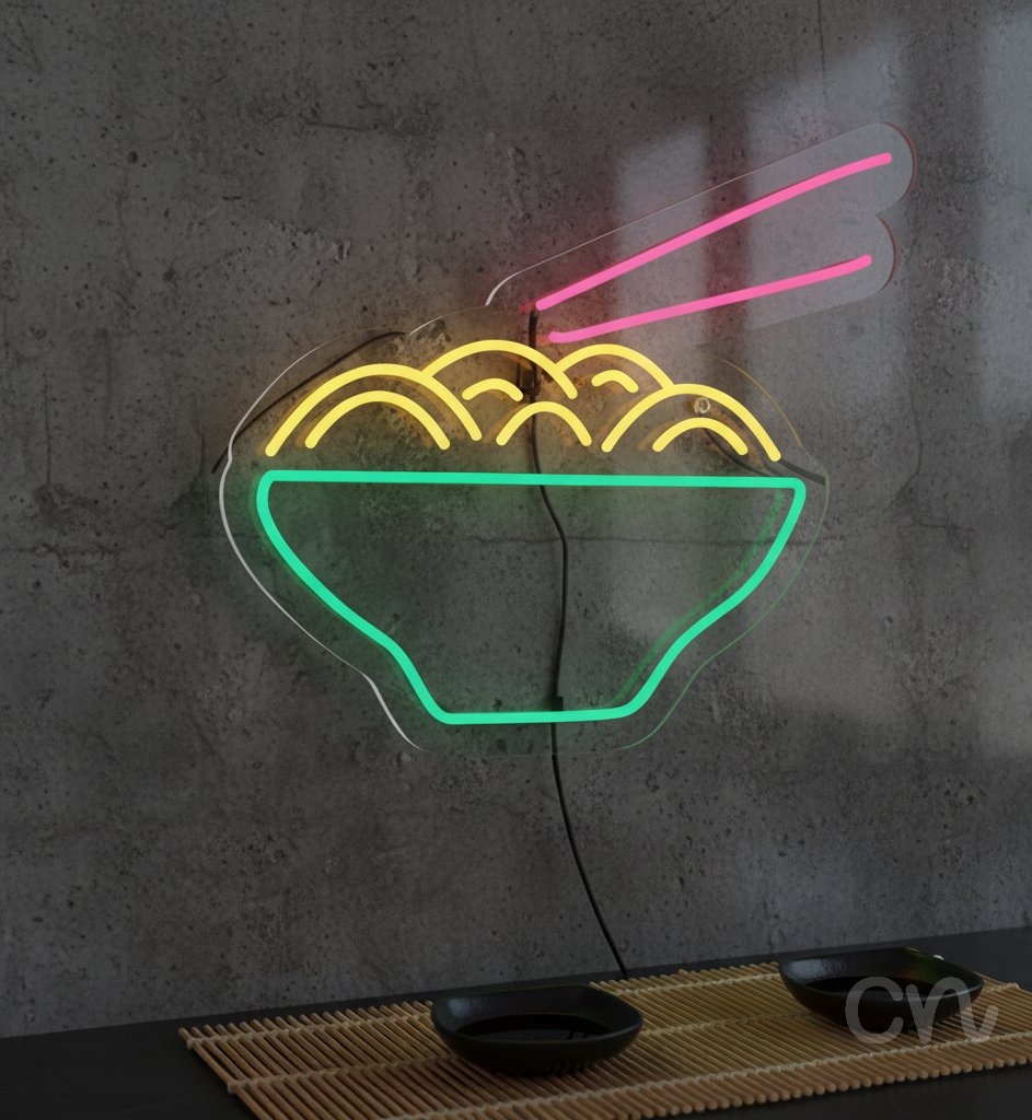 Custom Neon | Noodle Bowl with Chopsticks Neon Sign | 20x23 | Yellow Green Pink