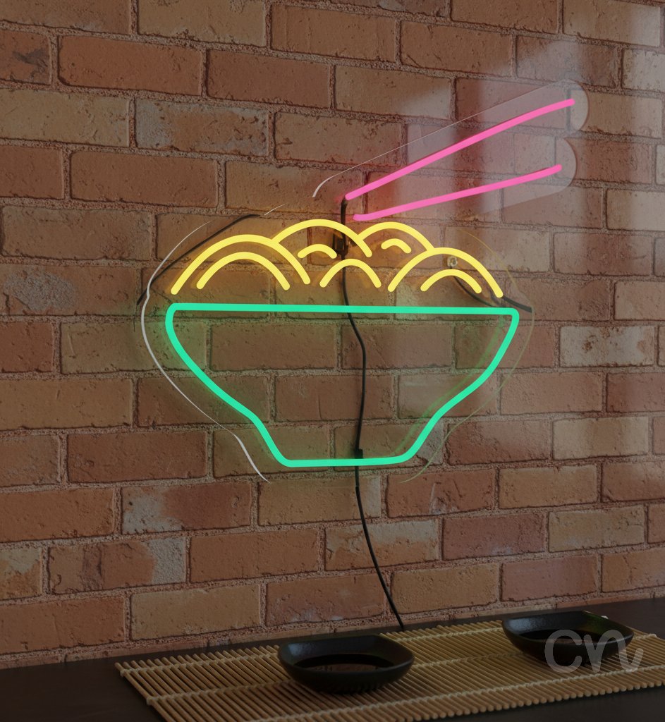Custom Neon | Noodle Bowl with Chopsticks Neon Sign | 20x23 | Yellow Green Pink 2