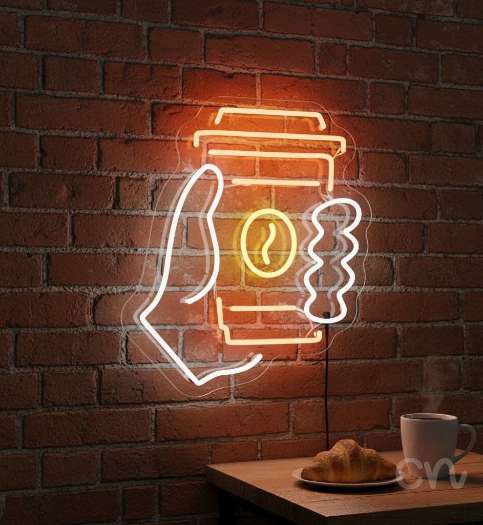 Custom Neon | Coffee Cup Design Neon Sign | 20x17 | Orange Yellow White