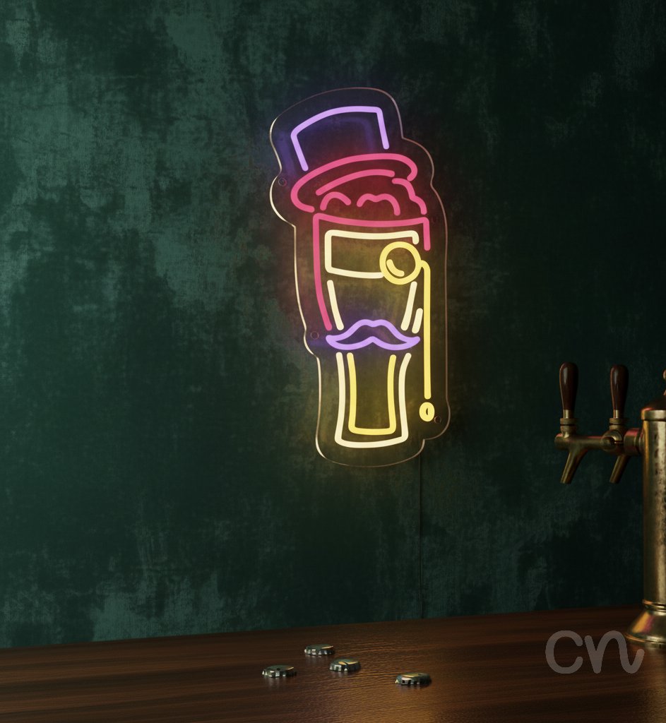Custom Neon | Beer Glass with Top Hat and Monocle Neon Sign | 20x10 | Pink Yellow Purple
