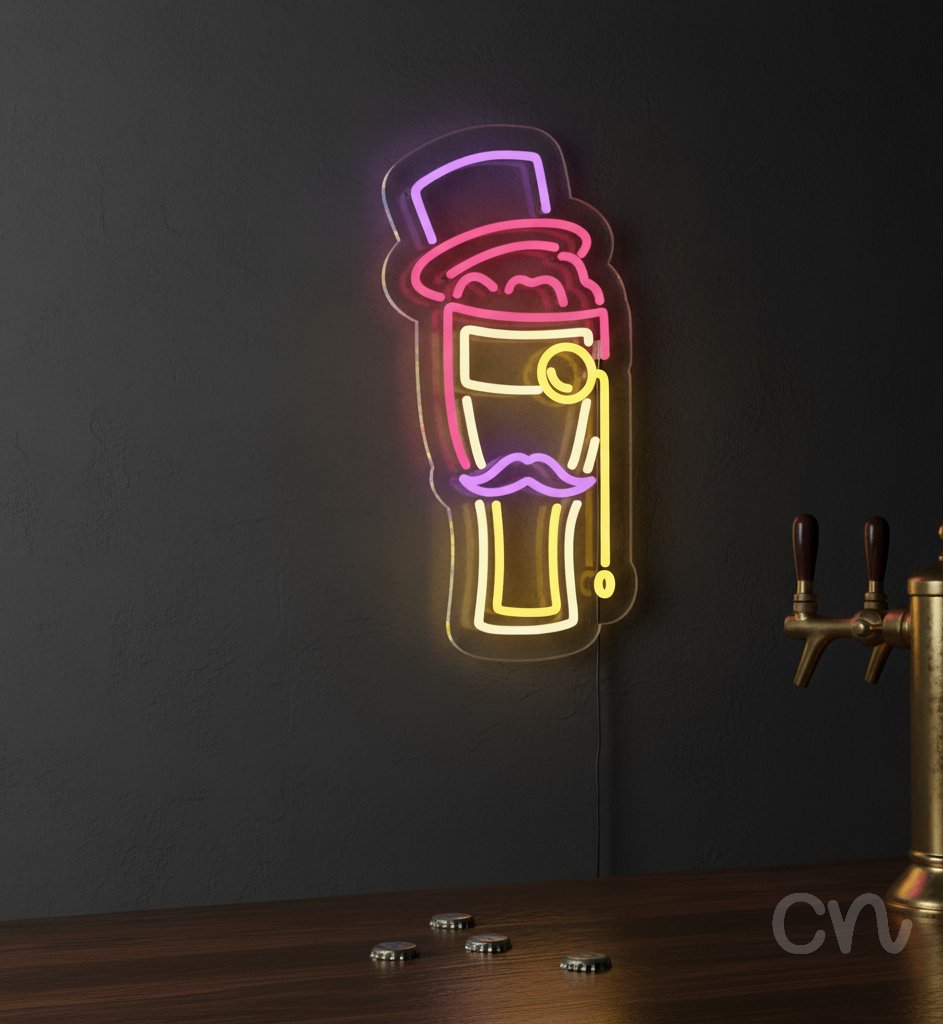 Custom Neon | Beer Glass with Top Hat and Monocle Neon Sign | 20x10 | Pink Yellow Purple 2