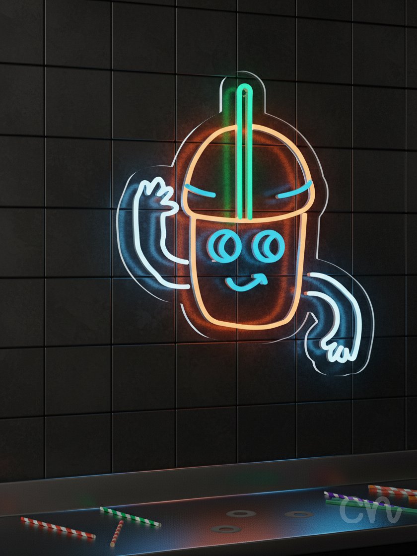 Custom Neon | Smiling Drink Cup Neon Sign | 20x17 | Orange, Blue, Green, White