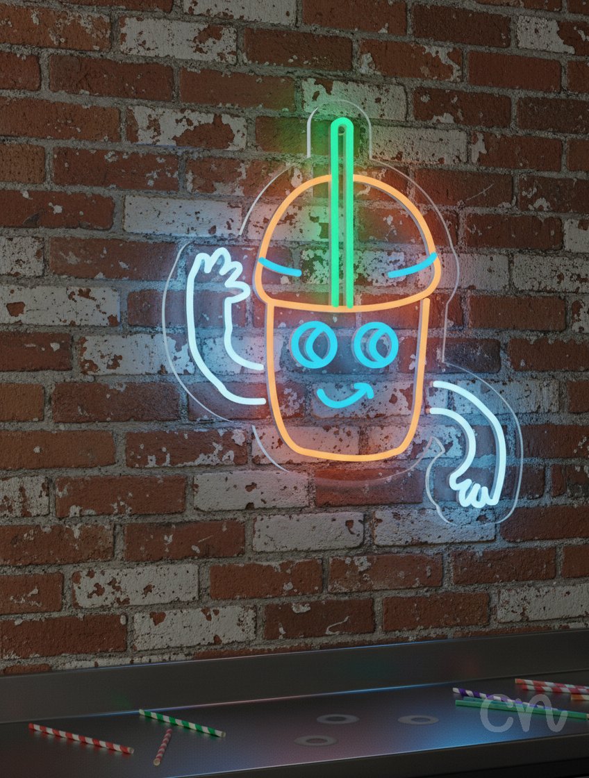 Custom Neon | Smiling Drink Cup Neon Sign | 20x17 | Orange, Blue, Green, White 2