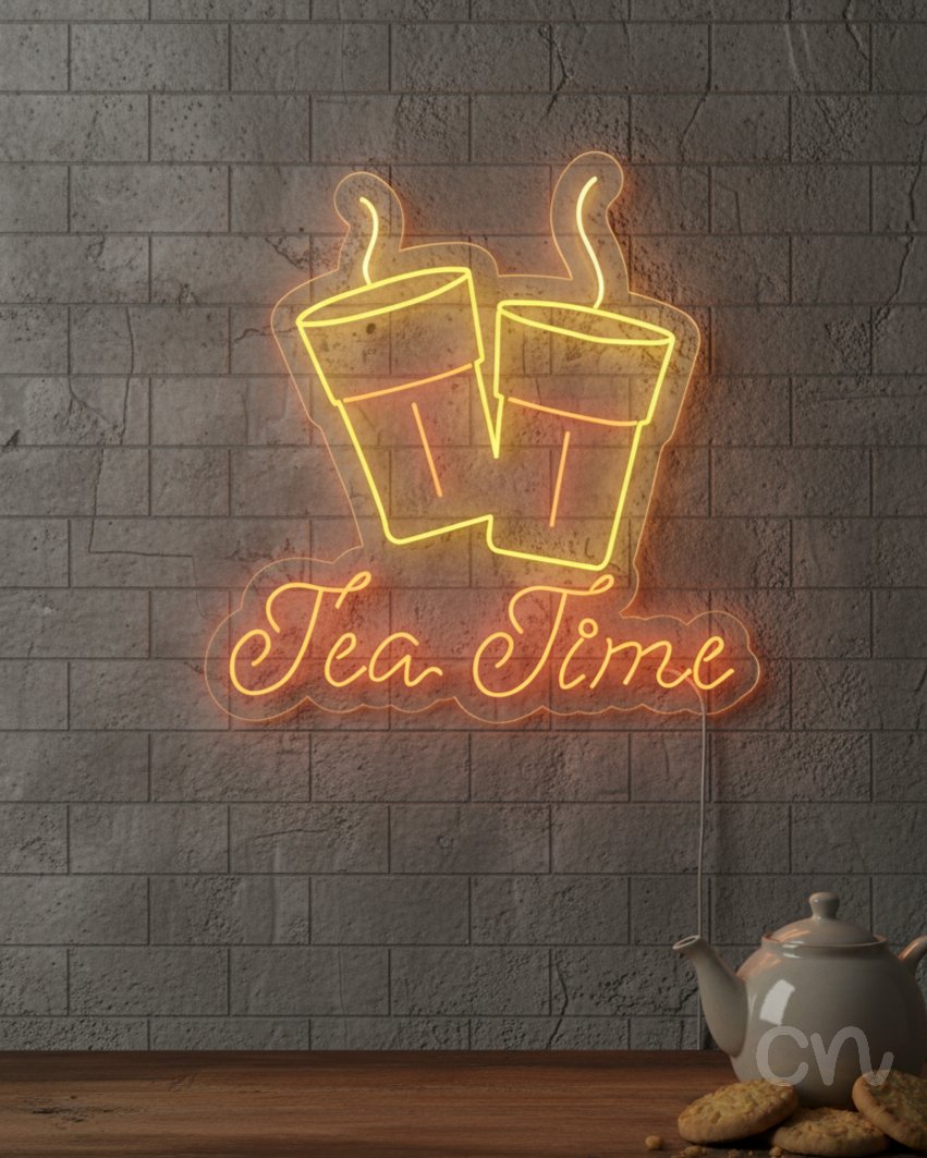 Custom Neon | Tea Time Neon Sign | 24x23 | Yellow, Orange Bright and Colorful