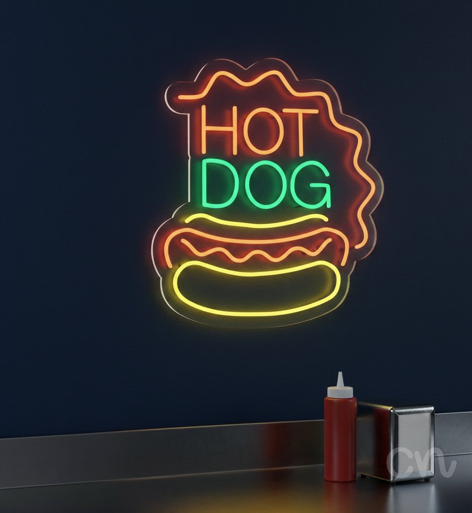 Custom Neon | Hot Dog Neon Sign | 25x22 | Orange, Green, Yellow Perfect for Food Menus