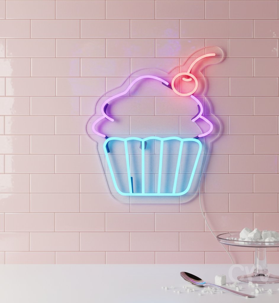 Custom Neon | Cupcake with Cherry Neon Sign | 20x18 | Pink Purple Blue