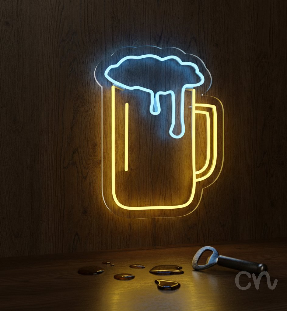 Custom Neon | Beer Mug Neon Sign | 20x16 Inches | Ice Blue and Yellow Neon Sign