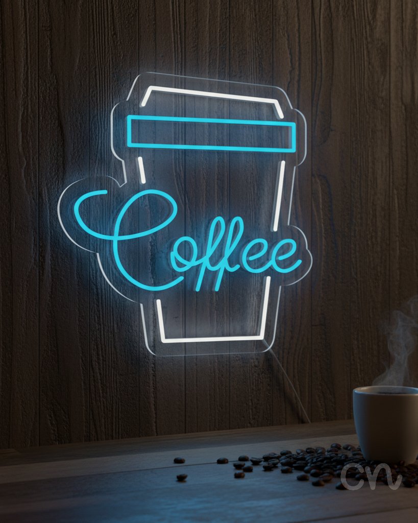 Custom Neon | Coffee Neon Sign | 24x23 | Ice Blue Neon Sign for Kitchen Bar Home Decor