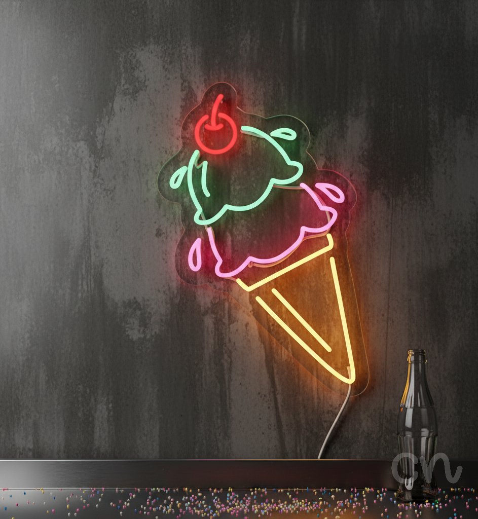Custom Neon | Ice Cream Cone Neon Sign | 23x16 | Red Green Pink Yellow