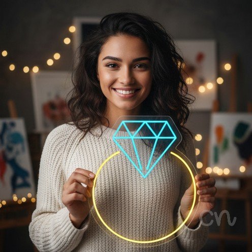 Custom Neon | Diamond Ring Design Neon Sign | 24x20 | Ice Blue, Warm Yellow