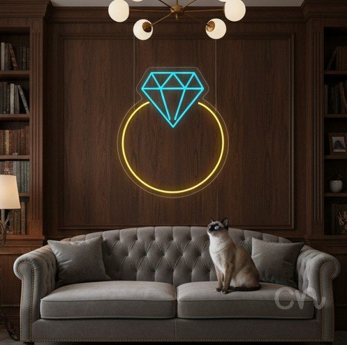 Custom Neon | Diamond Ring Design Neon Sign | 24x20 | Ice Blue, Warm Yellow 2