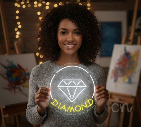 Custom Neon | Diamond Neon Sign | 24x23 | Yellow Neon Light for Home Bar Decor