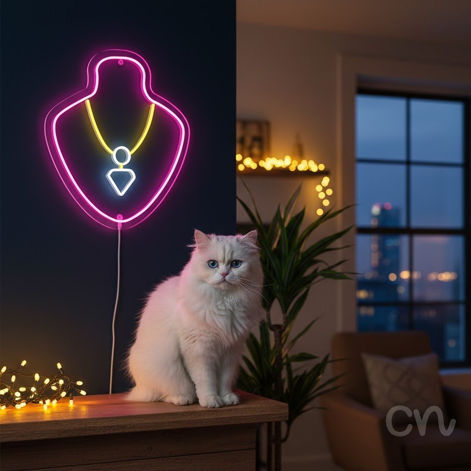 Custom Neon | Necklace Design on Mannequin Neon Sign | 24x20 | Hot Pink, Yellow, Warm White 2