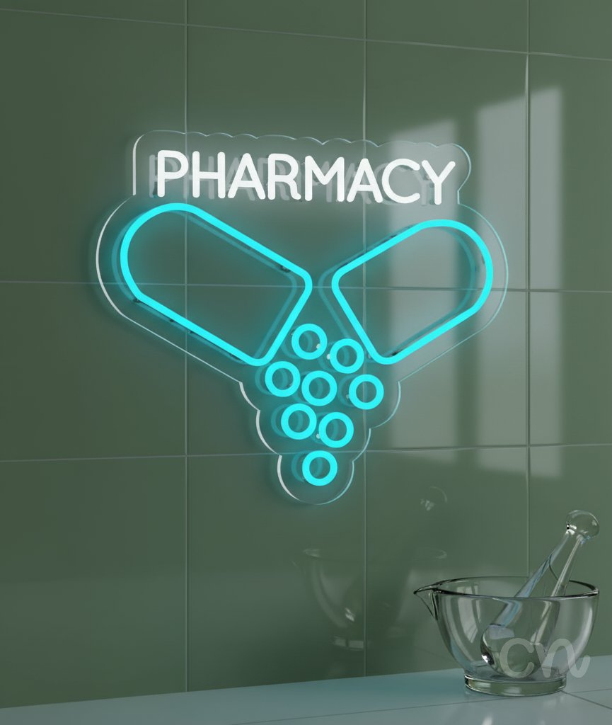 Custom Neon | Pharmacy Neon Sign | 18x21 | White Blue Neon Sign for Pharmacy Decor