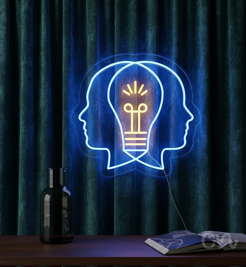 Custom Neon | Two Heads with Lightbulb Neon Sign | 24x23 Inches | Blue and Yellow 2