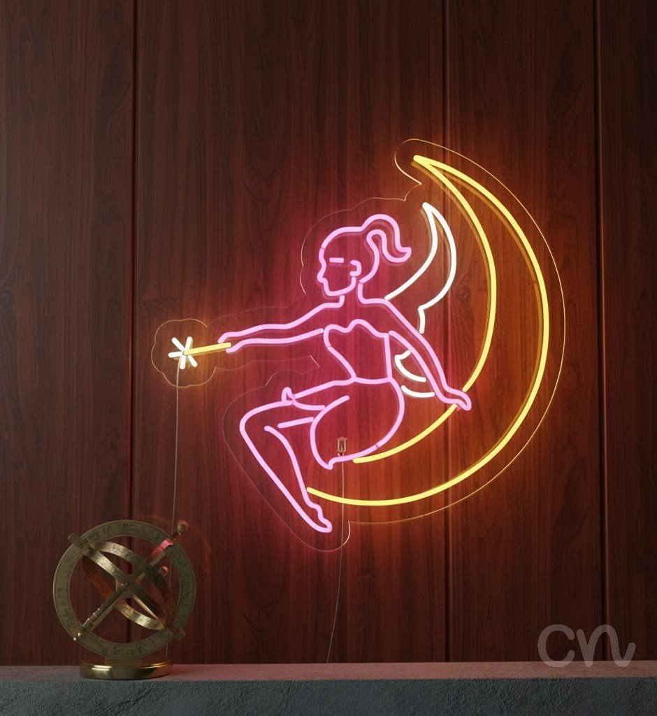Custom Neon | Fairy on Moon Neon Sign | 30x30 | Pink and Yellow Bright Light