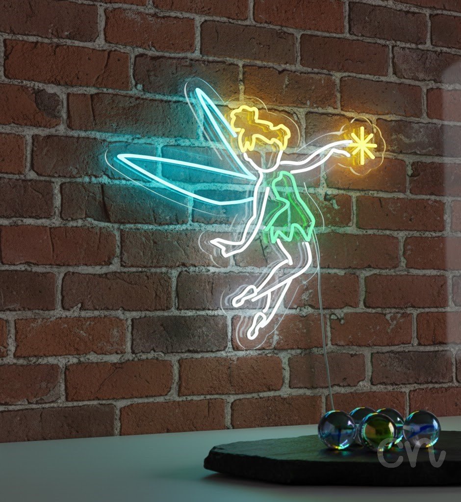 Custom Neon | Fairy Design Neon Sign | 30x28 | Blue Yellow Green Bright Wall Art