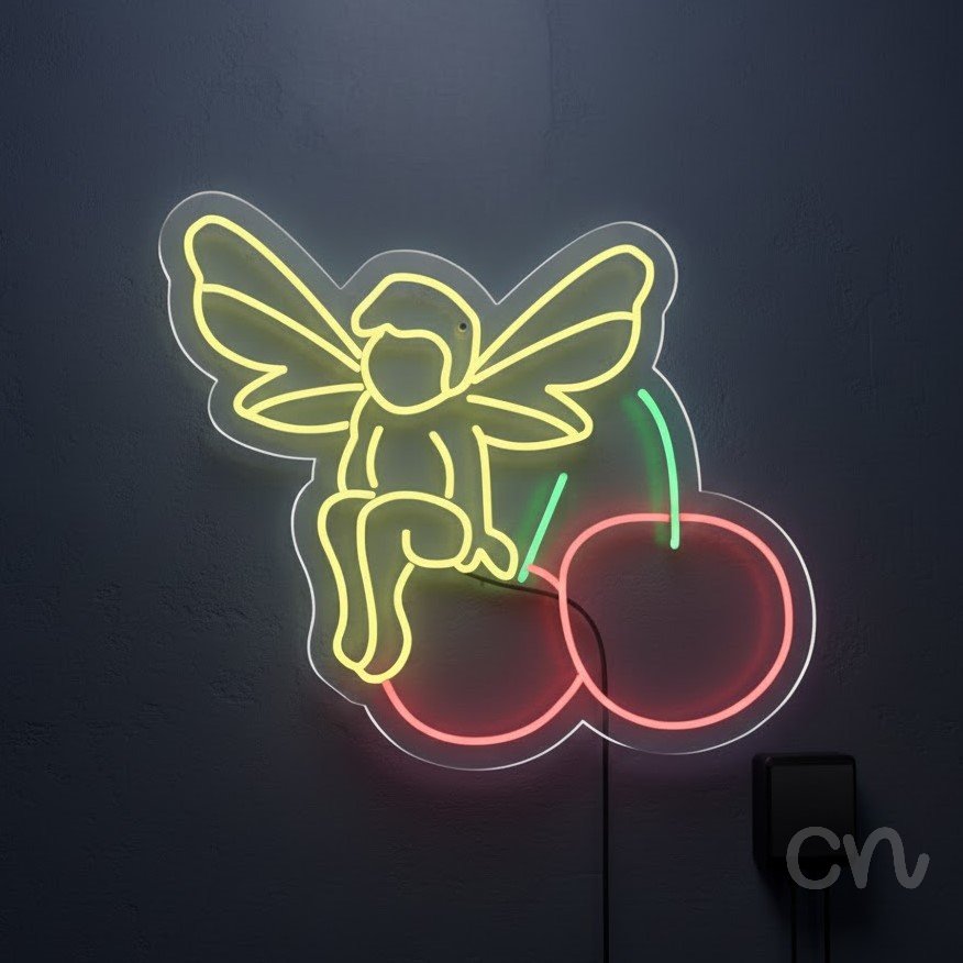 Custom Neon | Fairy on Cherries Neon Sign | 30x26 | Yellow Red Green Bright Sign