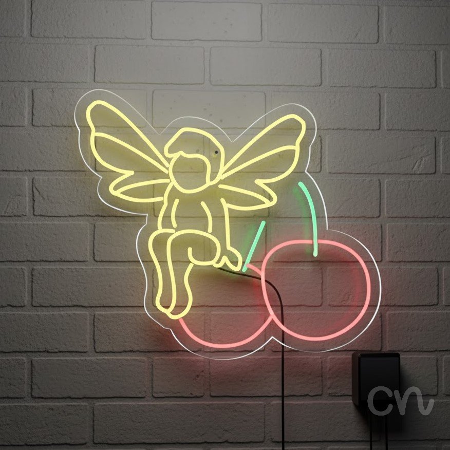 Custom Neon | Fairy on Cherries Neon Sign | 30x26 | Yellow Red Green Bright Sign 2