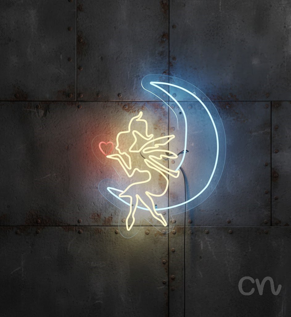 Custom Neon | Fairy on Moon Neon Sign | 25x30 | Yellow Blue Red Color Lamp