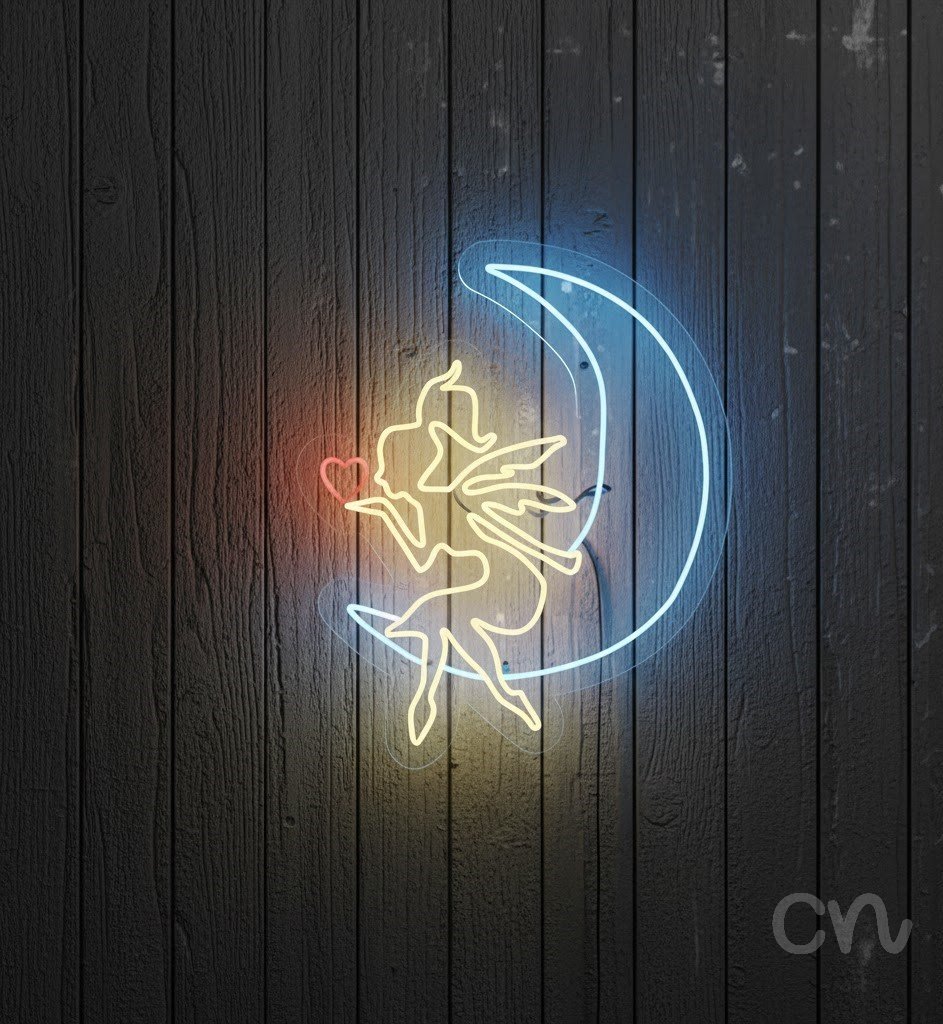 Custom Neon | Fairy on Moon Neon Sign | 25x30 | Yellow Blue Red Color Lamp 2