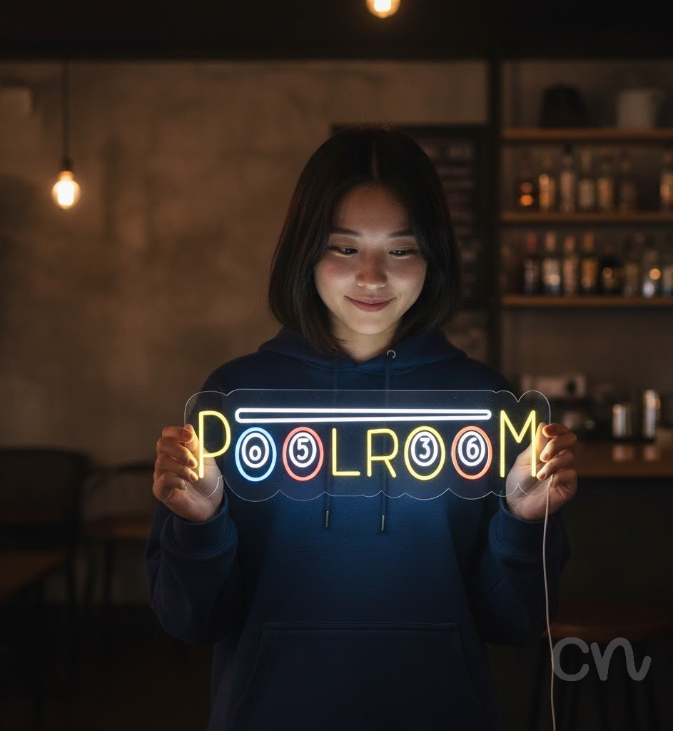 Custom Neon | Poolroom Neon Sign | 12x38 | Yellow, Blue, Red, Orange Neon Sign