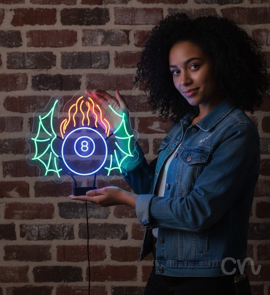 Custom Neon | 8 Ball with Flames Neon Sign | 27x28 | Purple, Orange, Green