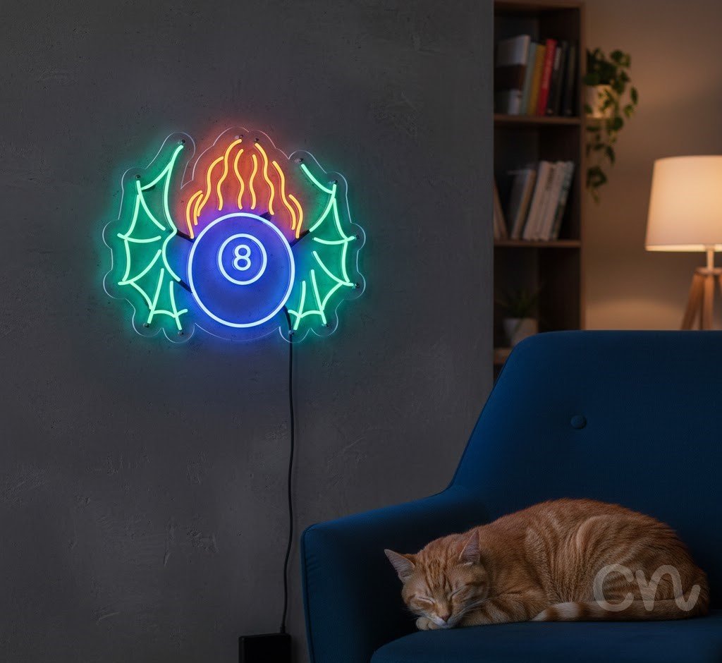 Custom Neon | 8 Ball with Flames Neon Sign | 27x28 | Purple, Orange, Green 2