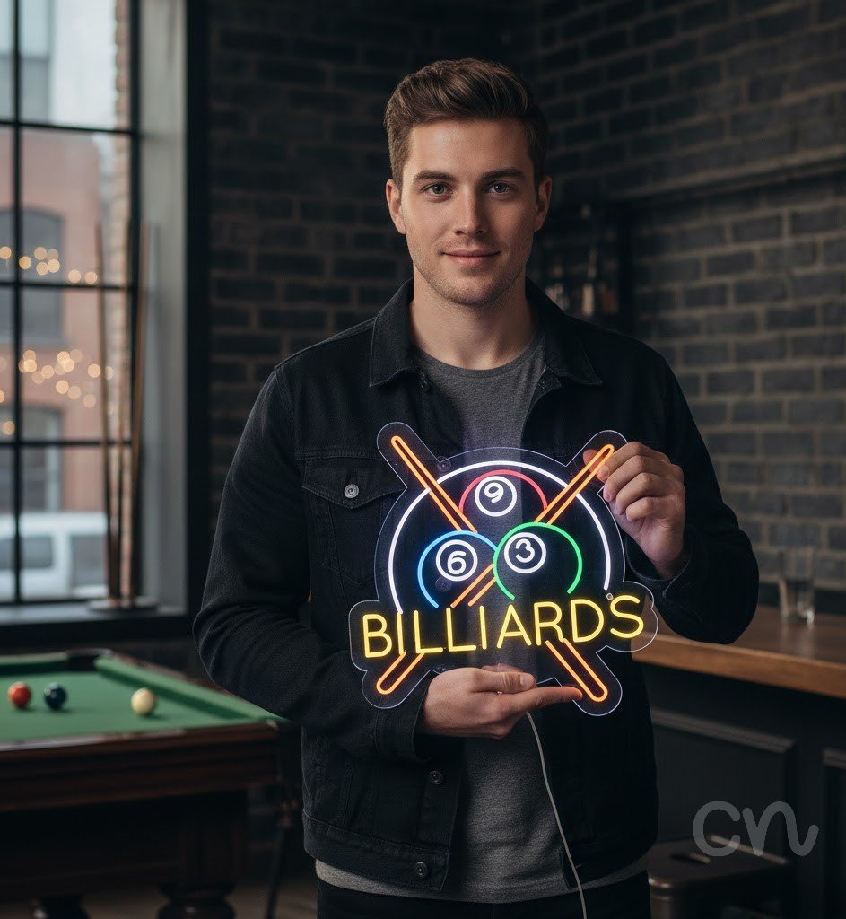 Custom Neon | Billiards Neon Sign | 28x30 Inches | Yellow, Red, Blue, Green, Orange