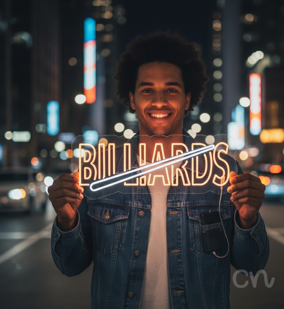 Custom Neon | Billiards Neon Sign | 12x30 Inches | Orange Neon Sign for Game Room