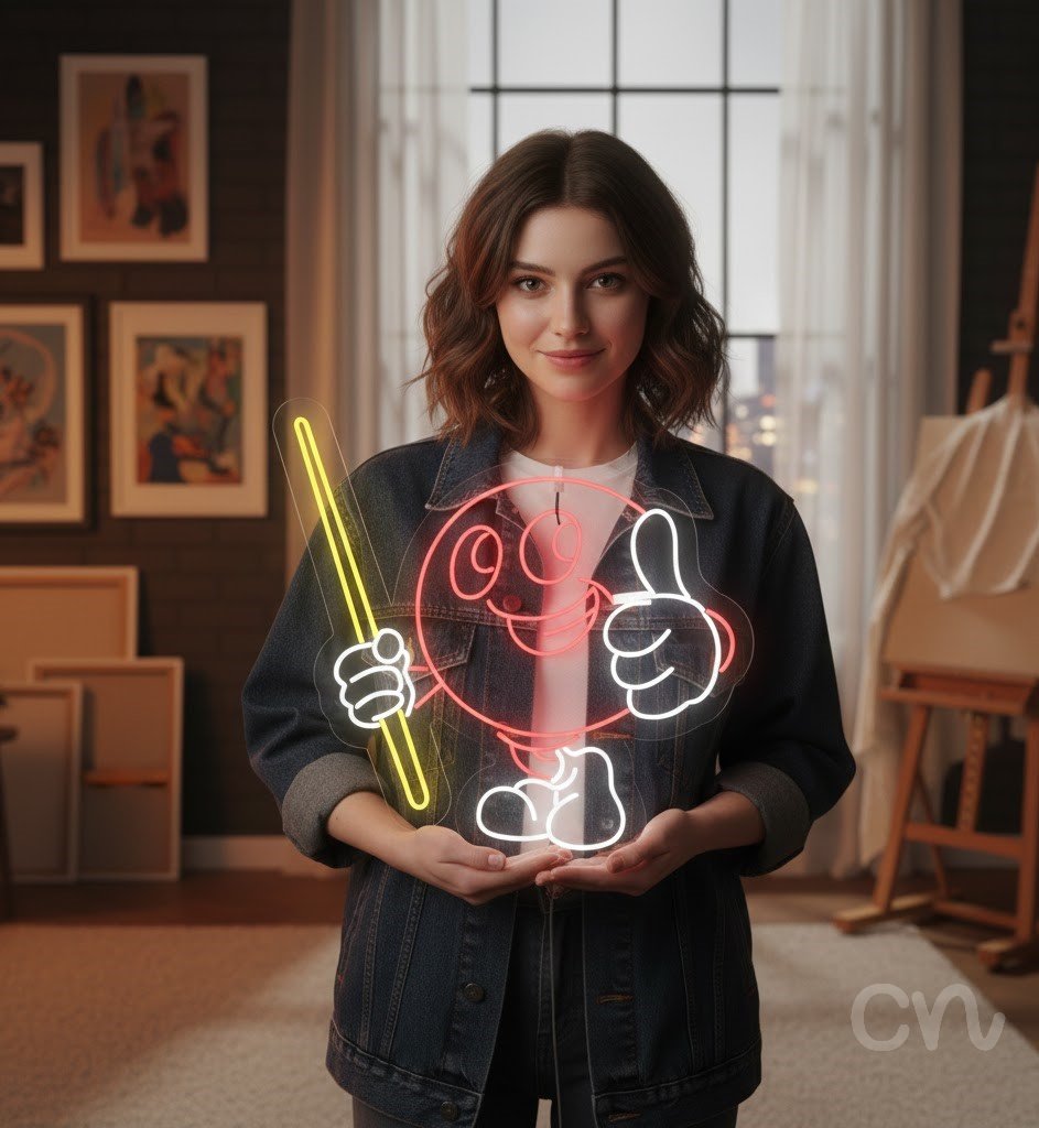 Custom Neon | Cartoon Character with Bat Neon Sign | 26x28 | Hot Pink and Yellow