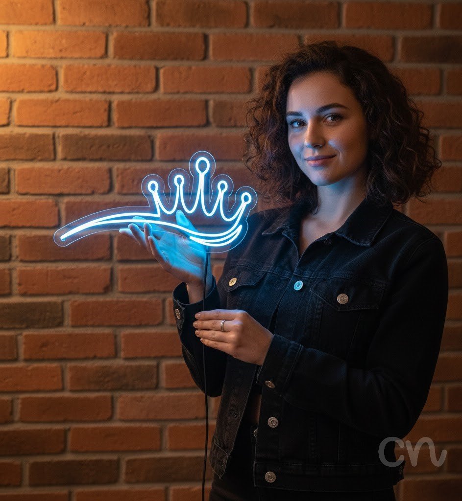 Custom Neon | Crown Design Neon Sign | 17x36 | Ice Blue Neon Sign for Bar, Room Decor