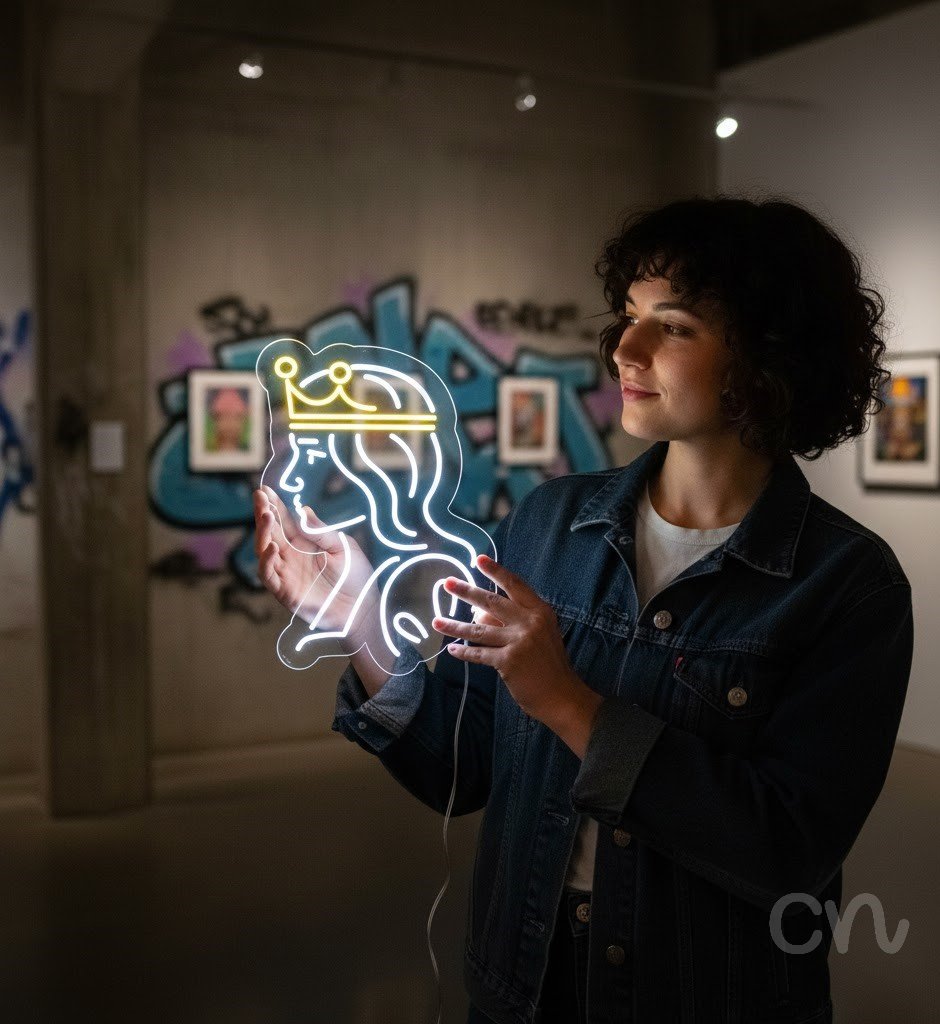 Custom Neon | Queen with Crown Neon Sign | 30x22 Inches | Warm Yellow Neon Sign