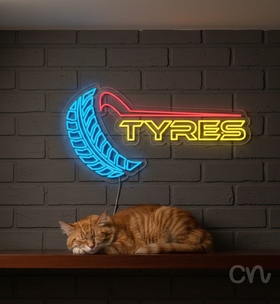 Custom Neon | Tire Design Neon Sign | 27x24 | Red Neon Sign for Garage Decor