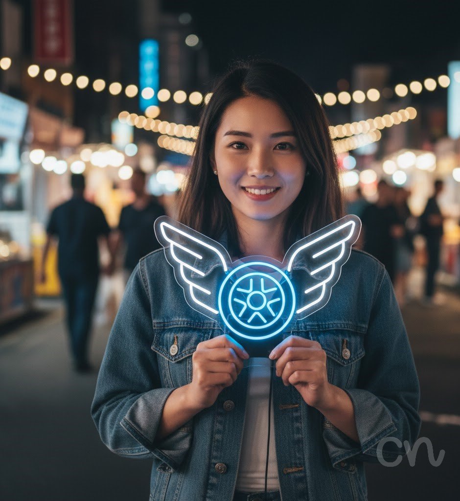 Custom Neon | Winged Wheel Neon Sign | 18x28 | Ice Blue Neon Sign for Home Bar Decor