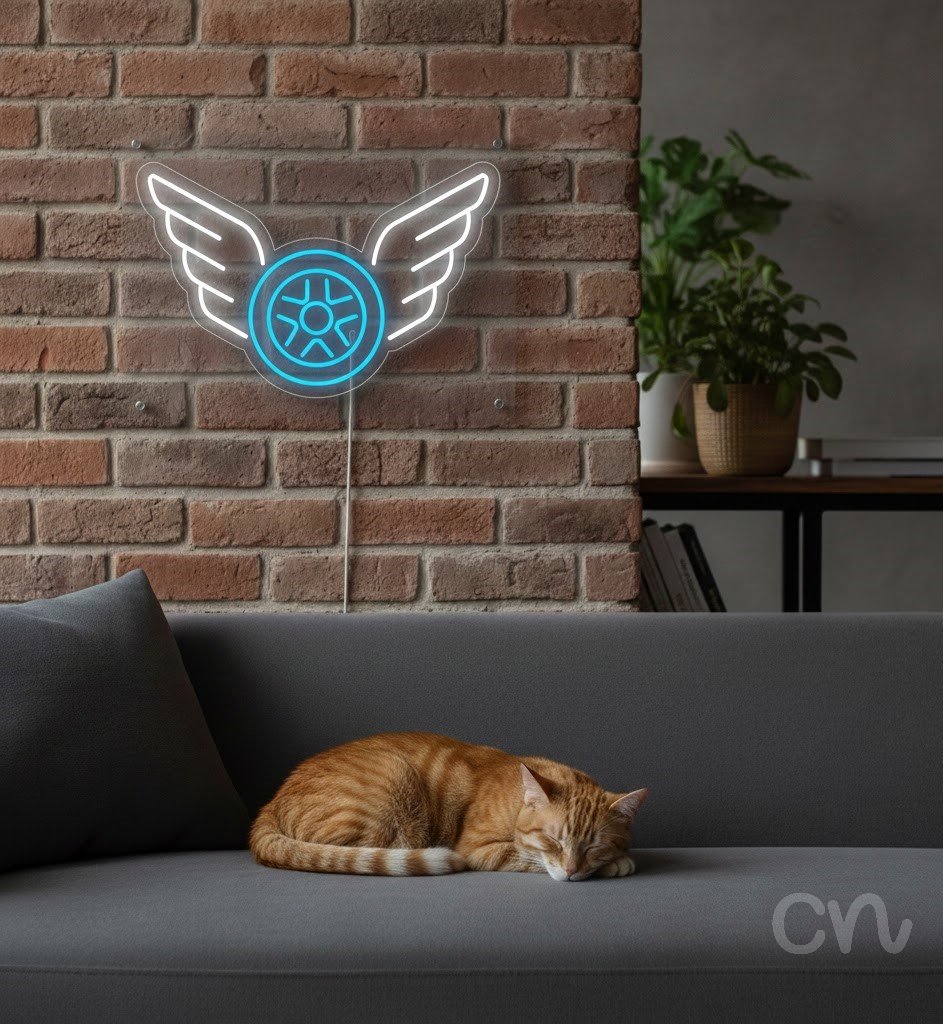 Custom Neon | Winged Wheel Neon Sign | 18x28 | Ice Blue Neon Sign for Home Bar Decor 2