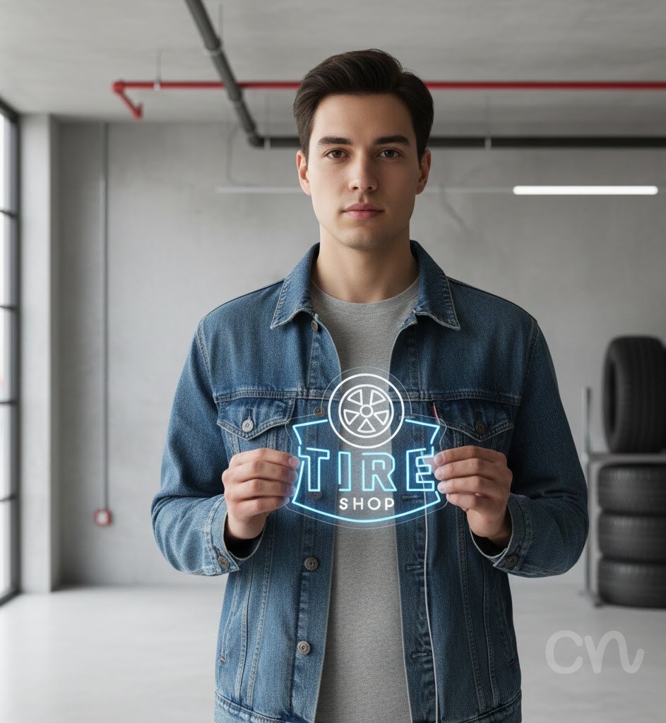 Custom Neon | Tire Shop Neon Sign | 25x26 | Ice Blue Neon Sign for Auto Shops and Garages