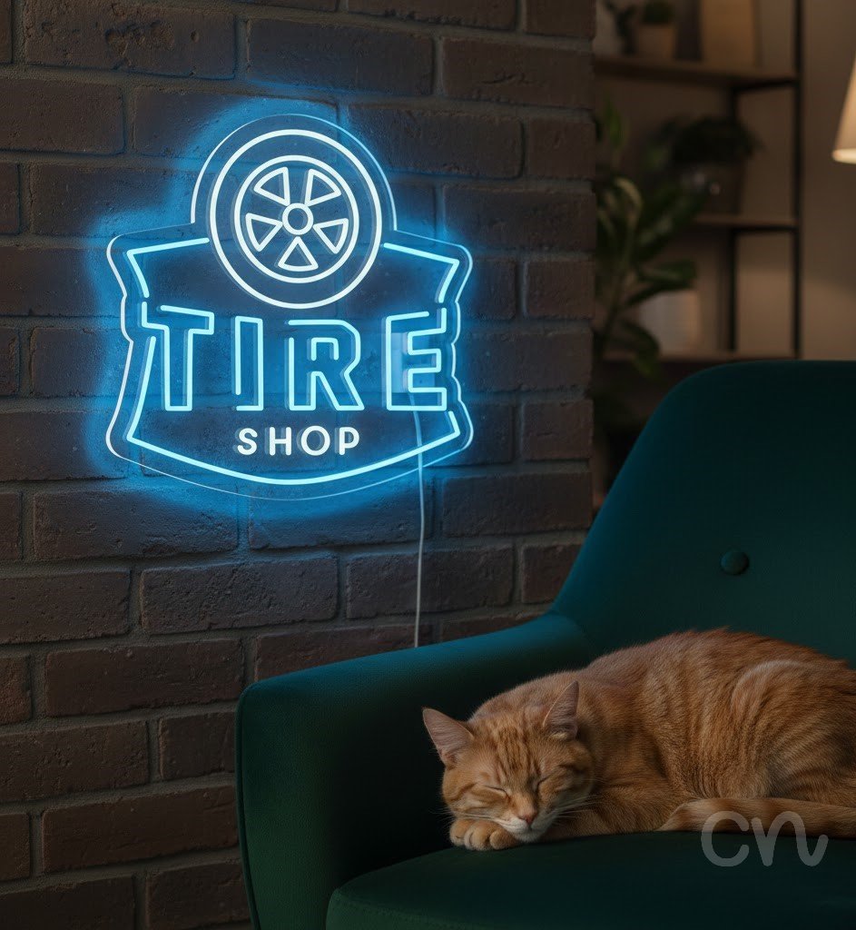 Custom Neon | Tire Shop Neon Sign | 25x26 | Ice Blue Neon Sign for Auto Shops and Garages 2