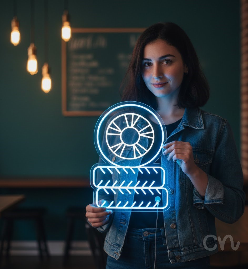 Custom Neon | Tire Stack Neon Sign | 26x20 | Ice Blue Neon Sign for Garage Man Cave