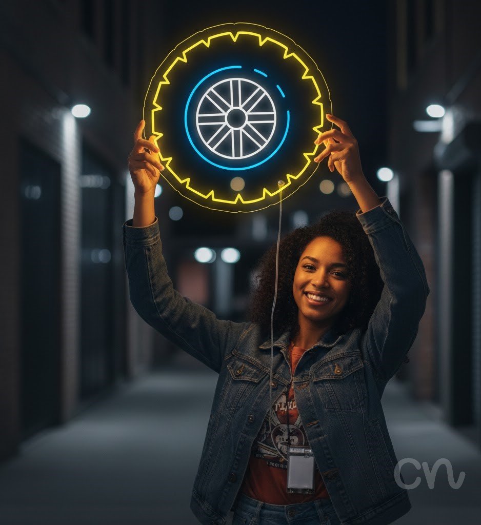 Custom Neon | Tire Design Neon Sign | 27x27 | Yellow and Blue Colors for Garage Decor