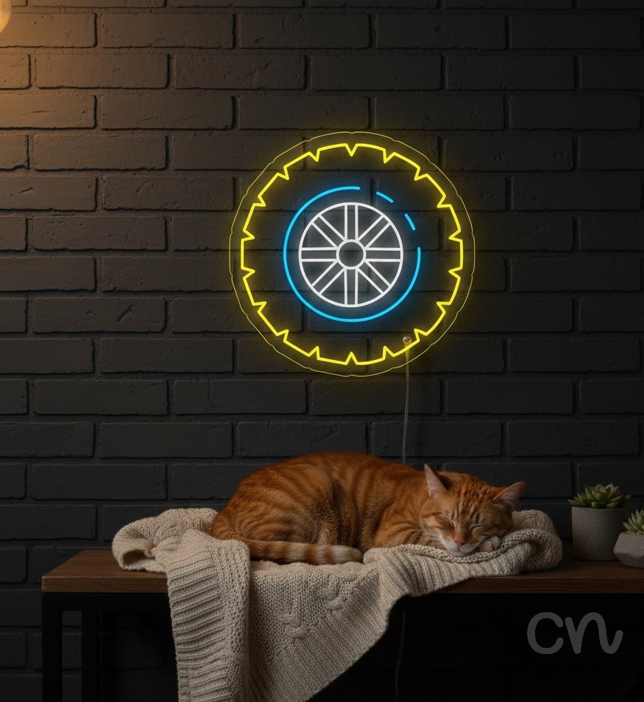 Custom Neon | Tire Design Neon Sign | 27x27 | Yellow and Blue Colors for Garage Decor 2