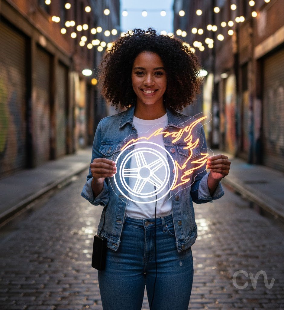 Custom Neon | Flaming Wheel Neon Sign | 22x24 Inches | Orange Neon Sign for Decor