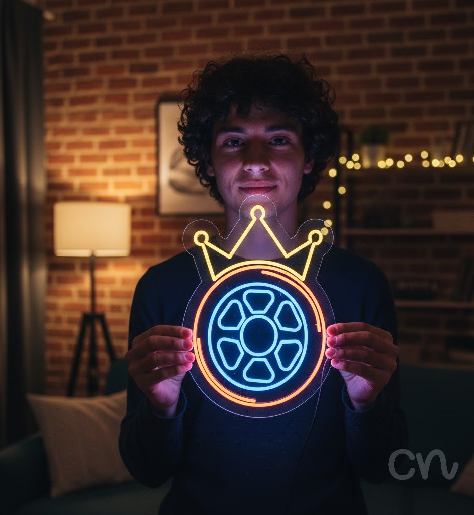 Custom Neon | Crown and Wheel Design Neon Sign | 24x16 | Yellow, Blue, Orange