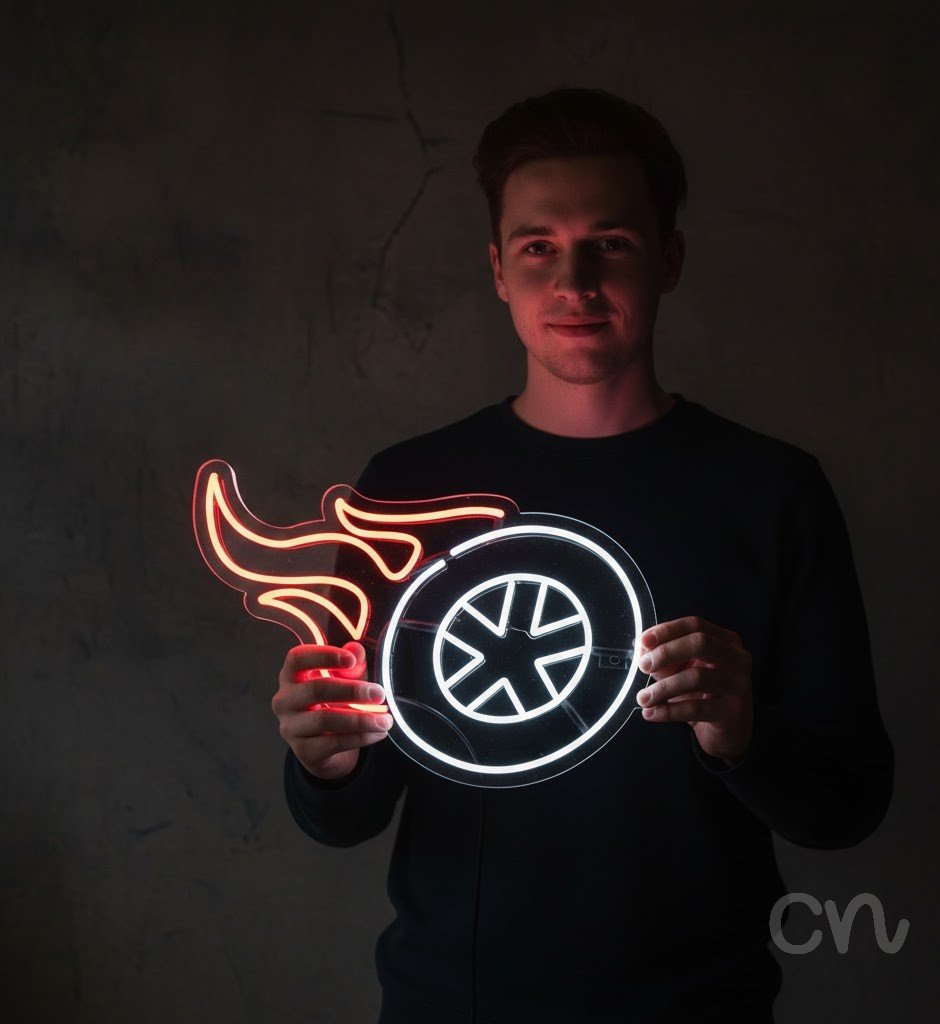 Custom Neon | Flaming Wheel Neon Sign | 15x24 | Red Neon Sign for Bars and Rooms